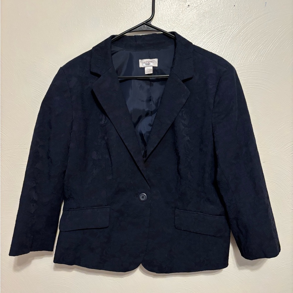 LOFT Navy Textured Blazer Size 12 One Button Career Jacket